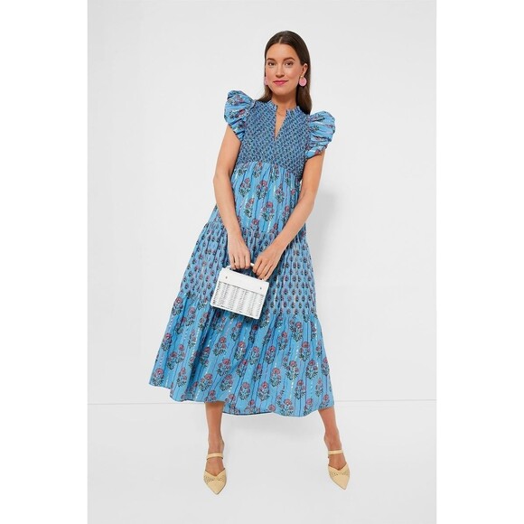Saylor NYC Almina Midi Dress Floral Block Printed Smocked Ruffle XL 282095
